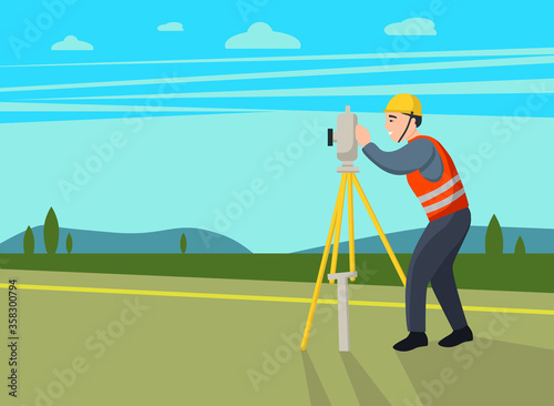 Concept land surveyors. Сadastral engineer, cartographer, cartoon  character. Vector flat illustration.