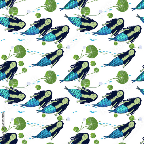 seamless vector pattern with a flock of little mermaids floating with flowers and fishes on a white background