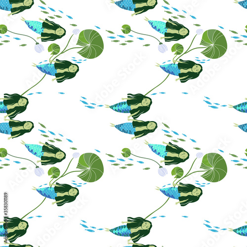 seamless vector pattern with a flock of little mermaids floating with flowers and fishes on a white background