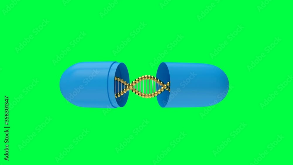 3D animation of a blue medical capsule opens in two halves with a DNA spiral, isolated on a green screen. 4K resolution.