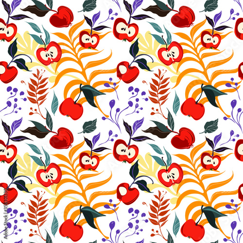 Beautiful botanical pattern with bright red apples and branches. Seamless vector pattern for wallpaper, fabrics, decorative prints with a natural motif.