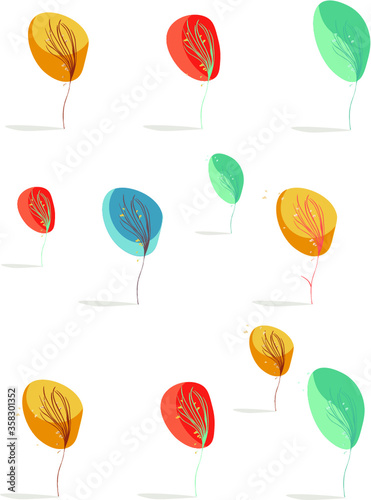 seamless vector pattern with beautiful decorative garden, bright trees with falling leaves on a white background
