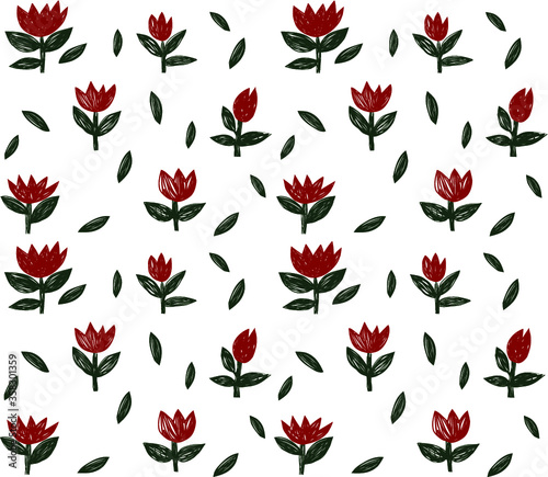 beautiful botanical pattern with bright red tulips on a white background. Seamless vector pattern for prints, fabrics, wallpapers.