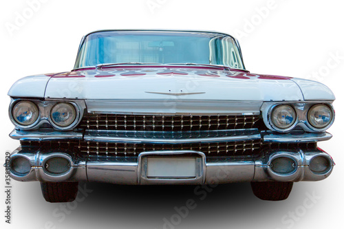 Classical American Vintage car 1959. Front view. White background.