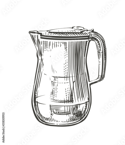 Hand-drawn filter pitcher with clean water. Vector illustration