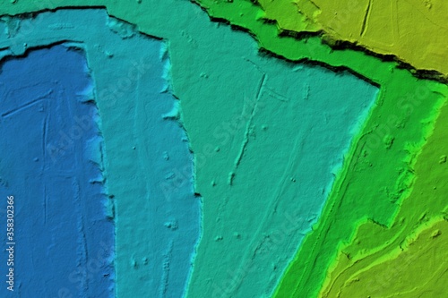 DEM - digital elevation model. Product made after proccesing pictures taken from a drone. It shows excavation site with steep rock walls 