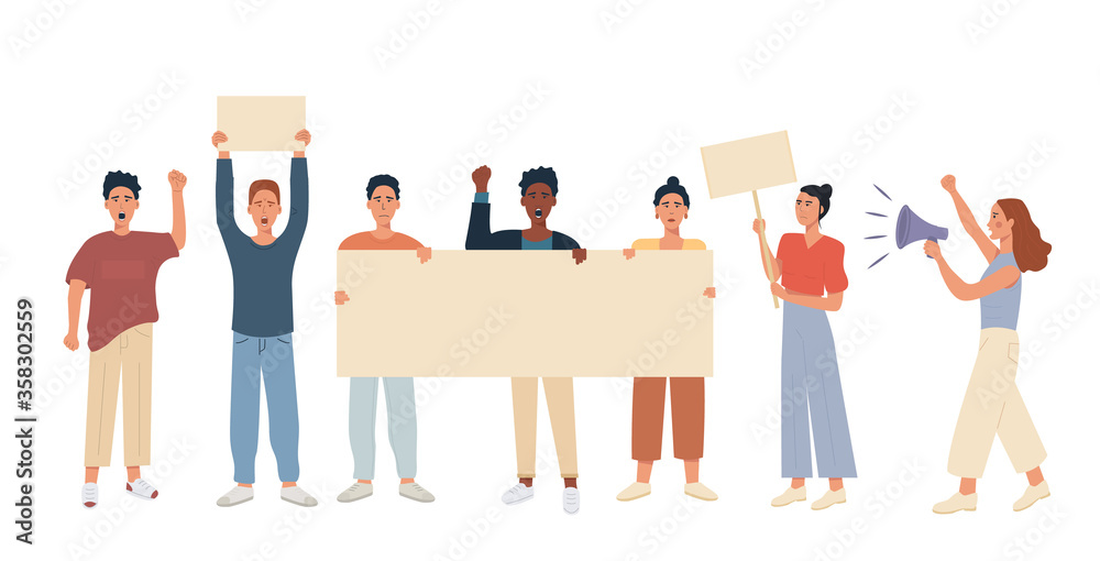 Fototapeta premium Diverse group of people protesting on the street. Male and female mix race multiethnic protesters holding blank placard banner, raised hand fist up and speaking in megaphone. Vector flat illustration.