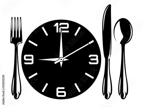 Vector monochrome illustration with fork, spoon, knife, watch
