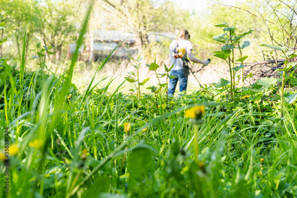 man mows grass with trimmer, focus on foreground blurred background