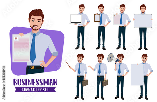Businessman character vector set. Business man characters office employee presentor for demo presentation in announcing and presenting pose and gestures isolated in white background. 