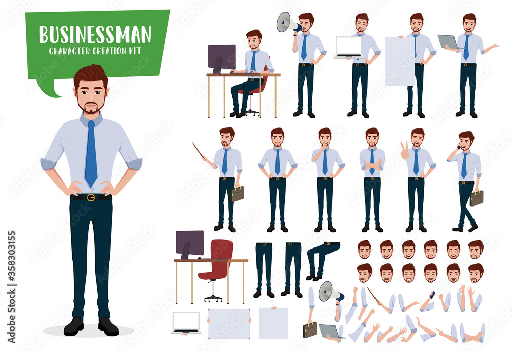 Businessman character creation vector set. Business man characters editable kit create face and hand body parts movement isolated in white background. Vector illustration.