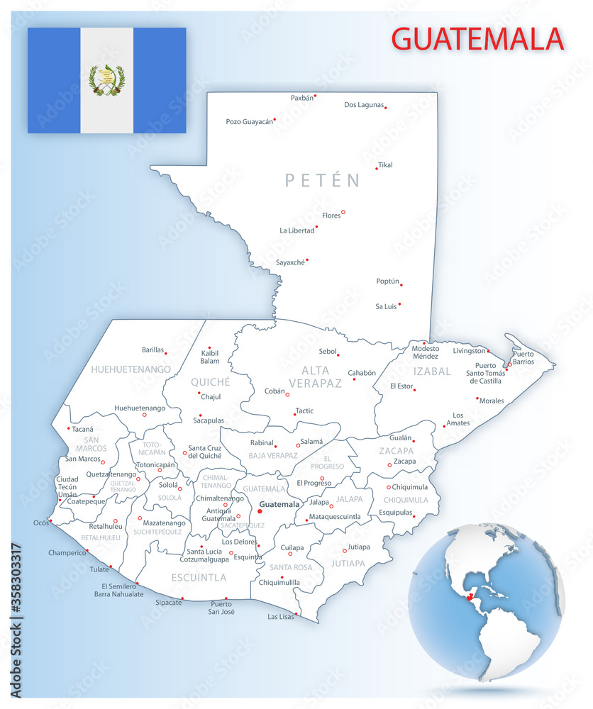 Detailed Guatemala administrative map with country flag and location on a blue globe.