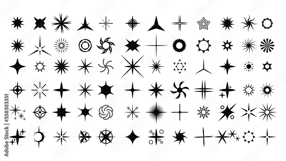 Fototapeta premium Big Set Black Collection Star Icons Sparkles Vector Symbols Shine Elements