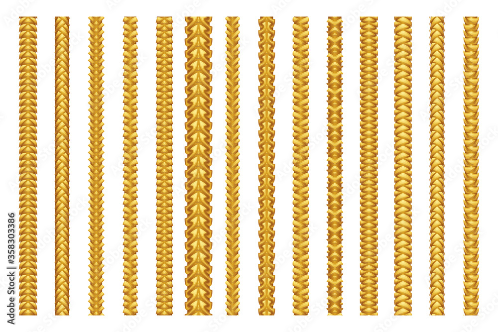 Seamless golden decoration chain braid ornament belt plait isolated gold pattern border set design vector illustration - obrazy, fototapety, plakaty 
