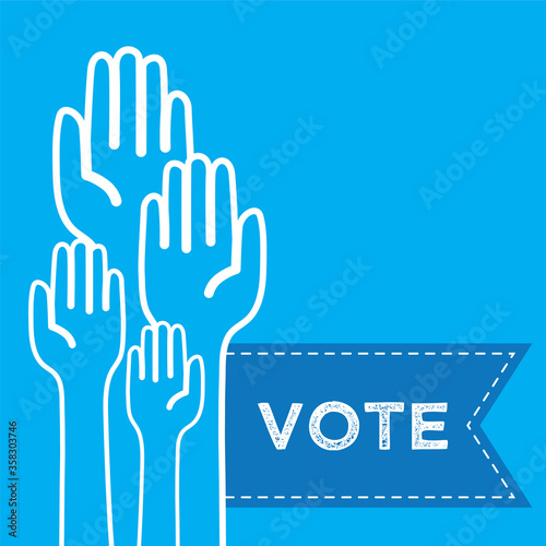 Raised hand of a political voter against a blue background. © ink drop