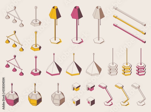 Isometric full-color outline set of lamps, chandelier lamps, floor lamps