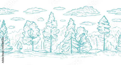 Forest with clouds hand drawn graphic seamless vector sketch border. Fir trees and deciduous trees in blue color.