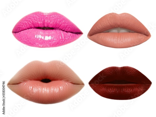 Colored lip, lipstick or lipgloss, sexy. Collection open mouth. Bright female lips collection isolated on white background