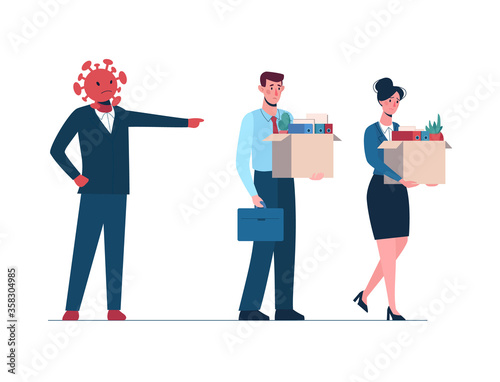 Coronavirus leaves a people without work. Fired man and women leaves the office with a box in his hands. Job loss due to virus covid-19, economic decline. Dismissed employees, unemployment. Vector