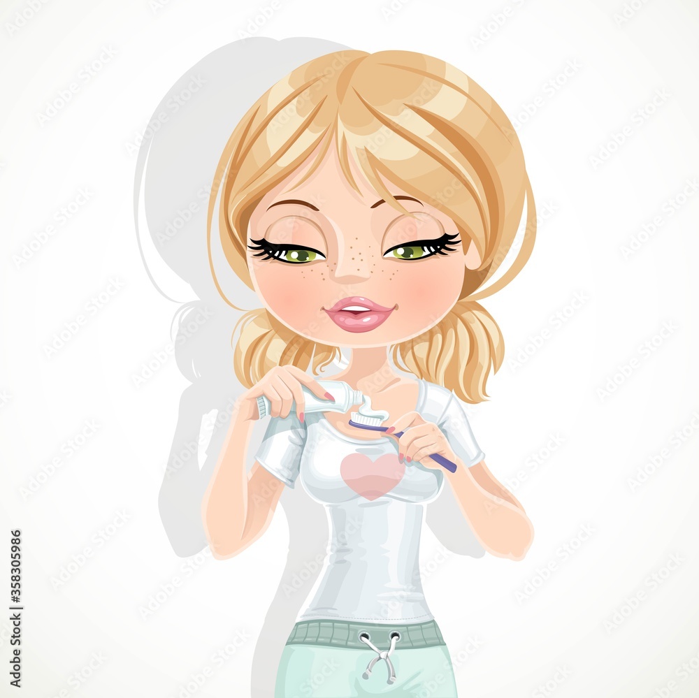 Cute blond girl extrudes the toothpaste from a tube on toothbrush isolated on white background Cute blond girl extrudes the toothpaste from a tube on toothbrush isolated on white background
