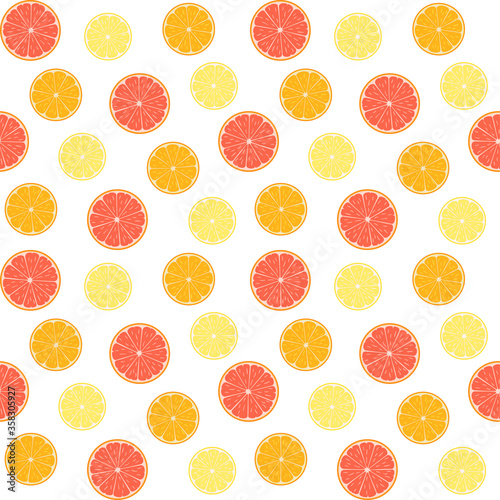 Colorful citruses, grapefruit, lemon and orange slices on a white background. Vector seamless pattern, design template for wallpaper, wrapping paper, packaging, printing on fabric, textile and clothes