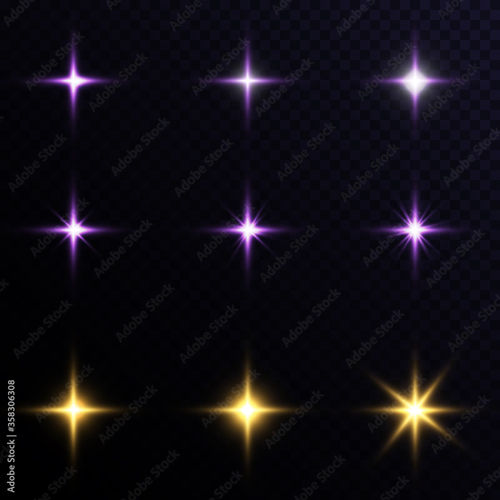 Set of starlight lighting effects on a transparent background.