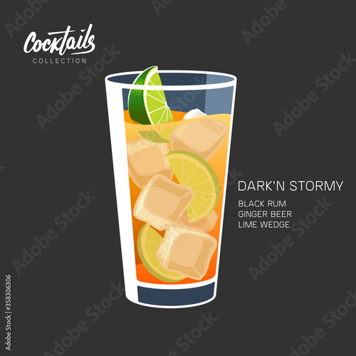 Dark stormy cocktail rum ginger beer vector illustration