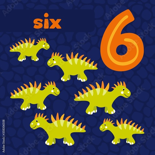 Cute dinosaurs design. Vector illustration. Number six