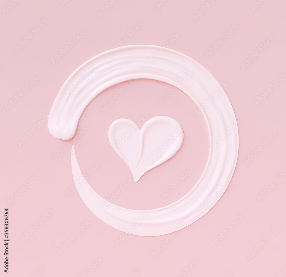 Love girly background. Cosmetic cream pastel pink and white template banner with heart shape and round frame smears. 3d rendering. Love girly background. Cosmetic cream pastel pink and white template banner with heart shape and round frame smears. 3d rendering.