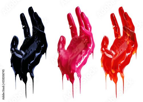 Art liquid abstract design idea. Black and red paint drip hand gesture isolated on a white background 3d rendering.