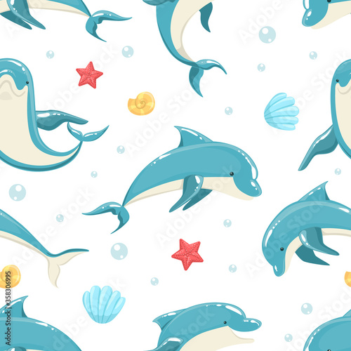 Dolphin Seamless Pattern, Marine Sea Creature Textile, Wallpaper, Packaging, Background Design Vector Illustration