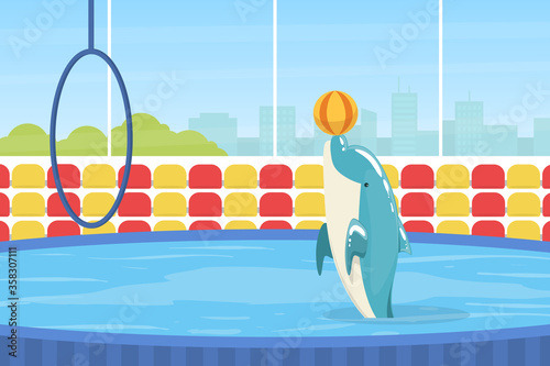 Dolphin Jumping Through Ring, Sea Animal Performing in Dolphinarium Vector Illustration