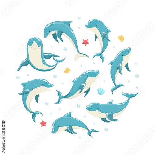 Dolphin Banner Template, Marine Sea Creature Pattern of Round Shape Vector Illustration