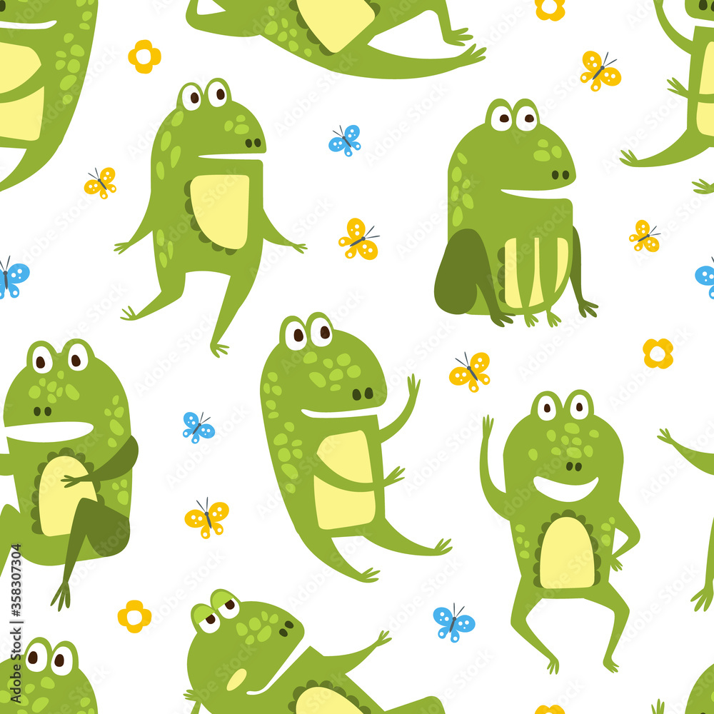 Green Funny Frog Seamless Pattern, Cute Amphibian Creature Character, Textile, Wallpaper, Packaging, Background Design Vector Illustration Green Funny Frog Seamless Pattern, Cute Amphibian Creature Character, Textile, Wallpaper, Packaging, Background Design Vector Illustration