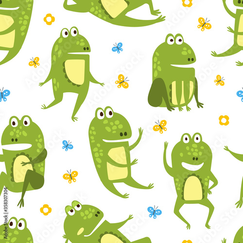 Green Funny Frog Seamless Pattern  Cute Amphibian Creature Character  Textile  Wallpaper  Packaging  Background Design Vector Illustration