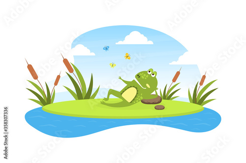 Green Funny Frog Lying on Leaf in Pond, Cute Amphibian Creature Character Posing on Lily Pad Cartoon Vector Illustration