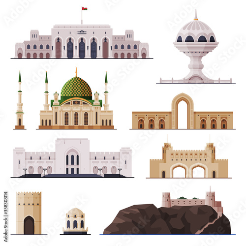 Travel to Oman, Muscat City Historical Building Collection, Famous Landmarks Flat Vector Illustration