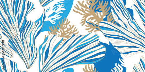 Modern seamless pattern on the marine theme. Blue algae and corals on a white background. Vector illustration. Can be used for fabric  textile  manufacturing  wallpapers.