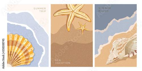 Set of templates for cards, banners on the theme of summer, sea and vacation. Shells, waves and sand. Can be used for invitations, banners in social networks, promotions. Vector illustration