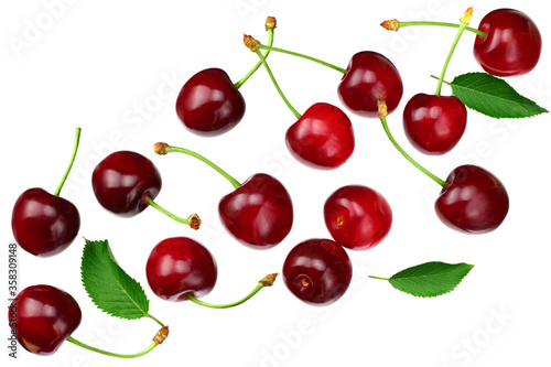 cherry with green leaf isolated on white background. Top view