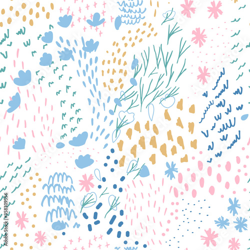 Vector organic seamless abstract background, botanical motif, freehand doodles pattern with stylized flowers, simple shapes, doodles and marks in pastel colors drawn with markers on white background.