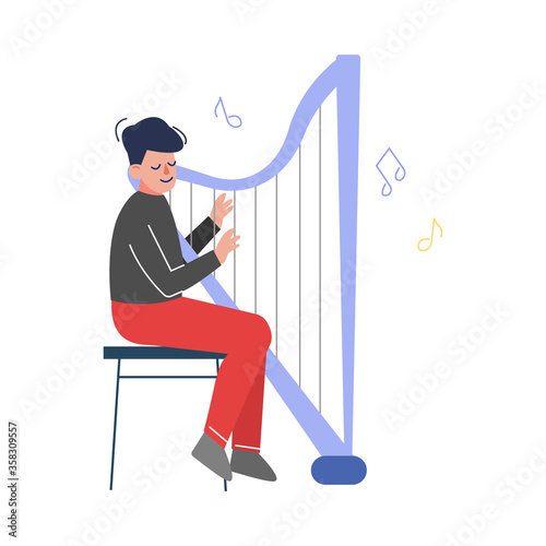Teen Boy Playing Harp Musical Instrument, Young Talented Harper Musician Character Vector Illustration on White Background.