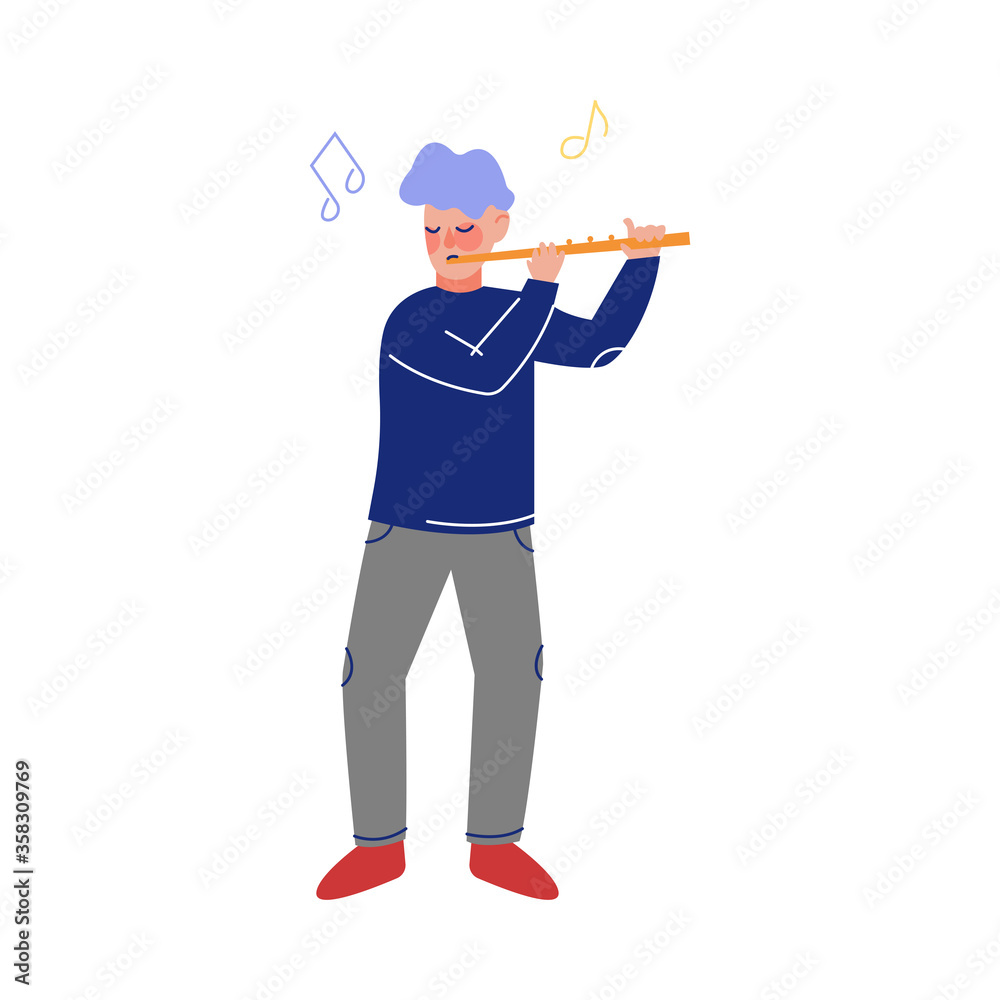 Teen Boy Playing Flute Musical Instrument, Young Talented Male Musician Character Vector Illustration on White Background Teen Boy Playing Flute Musical Instrument, Young Talented Male Musician Character Vector Illustration on White Background