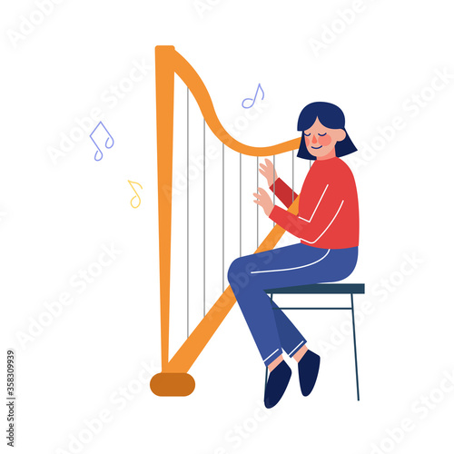 Teen Girl Playing Harp Musical Instrument, Young Talented Harper Musician Character Vector Illustration on White Background