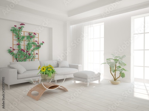 modern room with sofa and plants interior design. 3D illustration