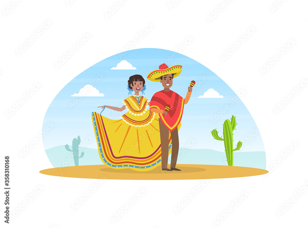 Obraz premium Mexican Couple Wearing National Traditional Clothes Standing on Desert Landscape Vector Illustration