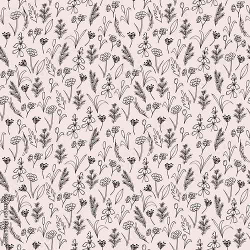 Seamless pattern with hand drawn herbs on a pale coffee background. Tiny details and fine lines create an elegant texture. Great for wrapping paper and fabric, for any season.