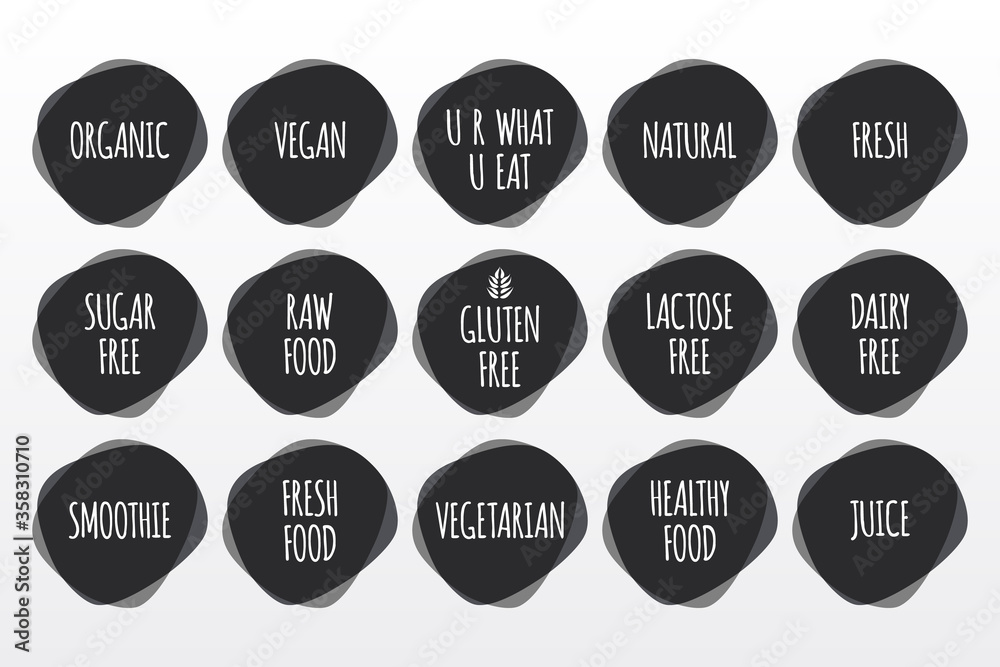 Organic, Vegan, Gluten, Sugar, Dairy, Lactose Free, Natural, Fresh, Raw, Healthy Food, Smoothie, Juice, Vegetarian icons. Vector set for design, menu, product sticker, label, symbol