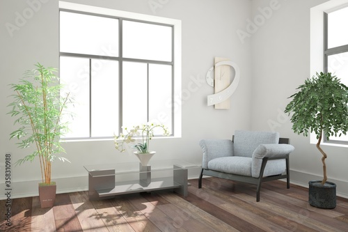 modern room with armchair, table and plants interior design. 3D illustration