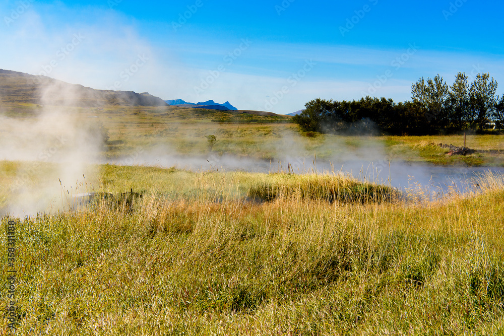 Nature of Deildartunguhver, a hot spring in Reykholtsdalur, Iceland